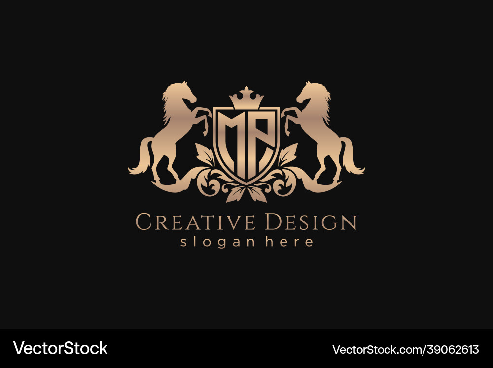 Initial mp retro golden crest with shield and two Initial mp retro golden crest with shield and two vector image