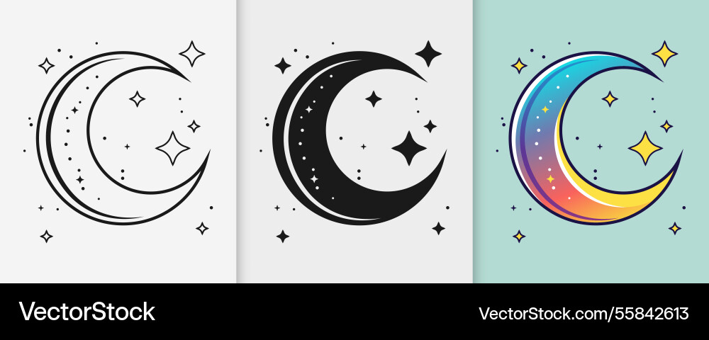 Islamic crescent moon with stars outline Islamic crescent moon with stars outline vector image