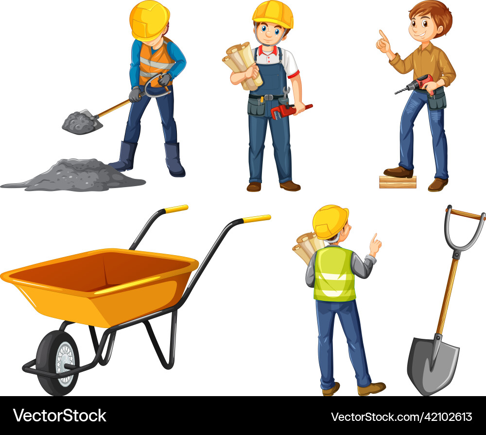 Set of construction site objects and workers Set of construction site objects and workers vector image