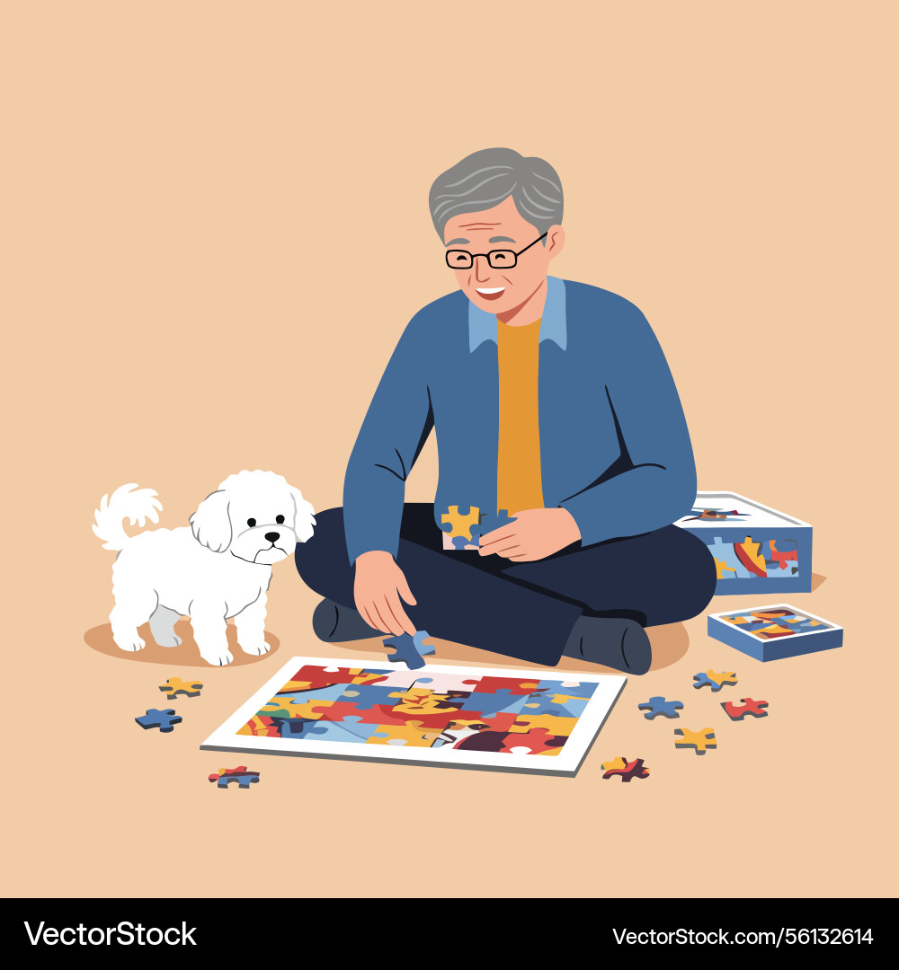 Man completing puzzle with companion dog enjoying Vector Image