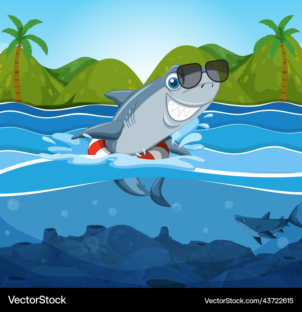 Cute shark cartoon character swimming in the sea Cute shark cartoon character swimming in the sea vector image