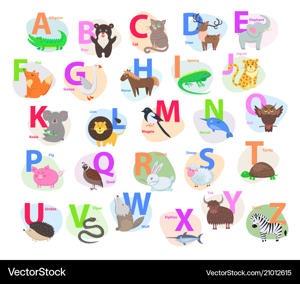 Kinder abc mit niedlichen Tieren Karikatur flach Kinder abc mit niedlichen Tieren Karikatur flach vektorbild