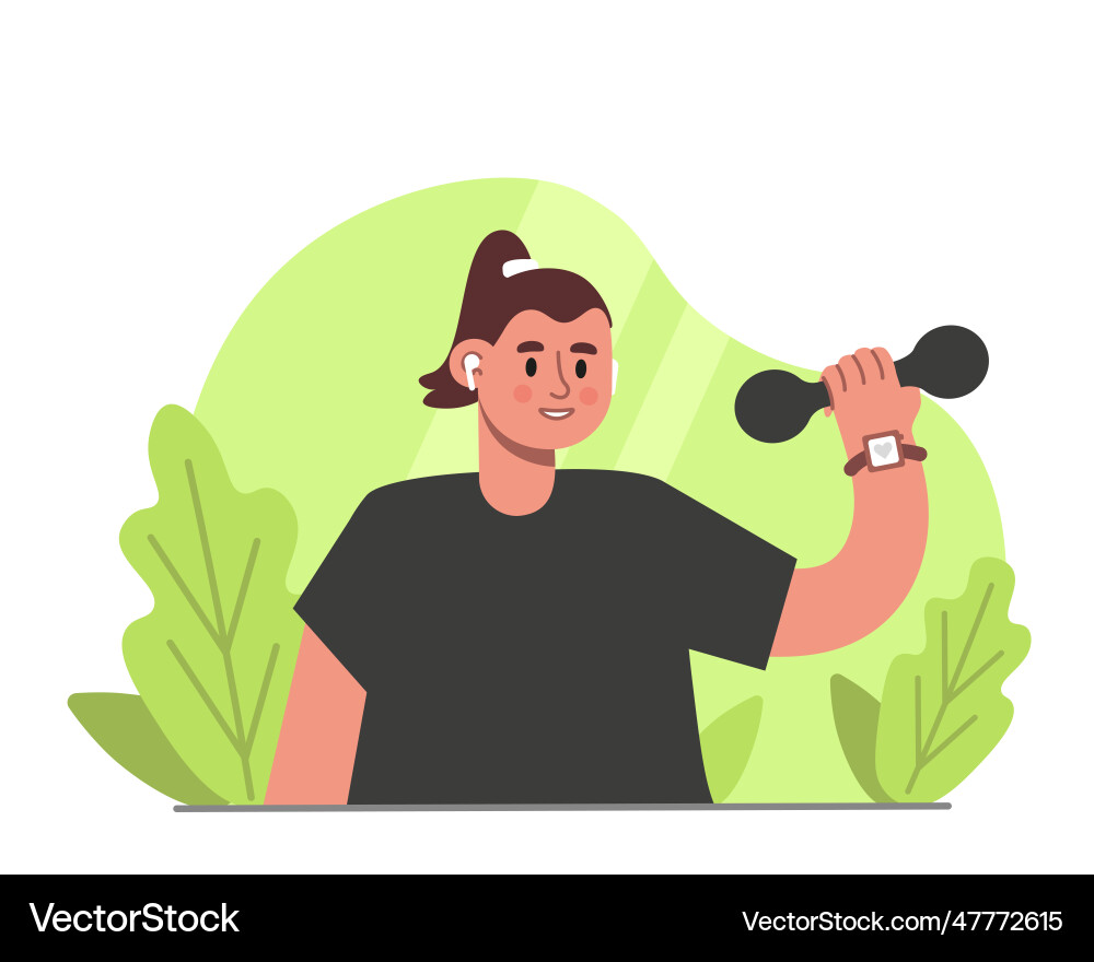 Lady in Kopfhörer mit Hantelkarikatur Lady in Kopfhörer mit Hantelkarikatur vektorbild