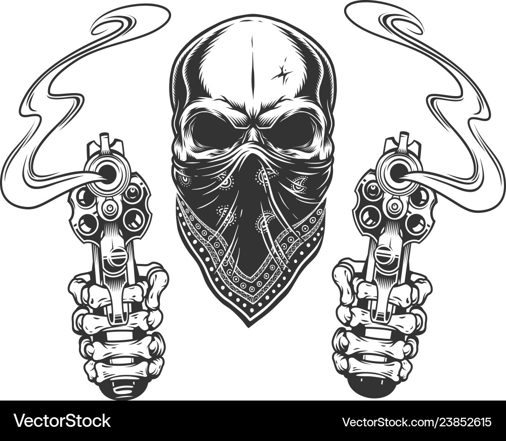 Monochrome Bandit Skull with Guns vector image