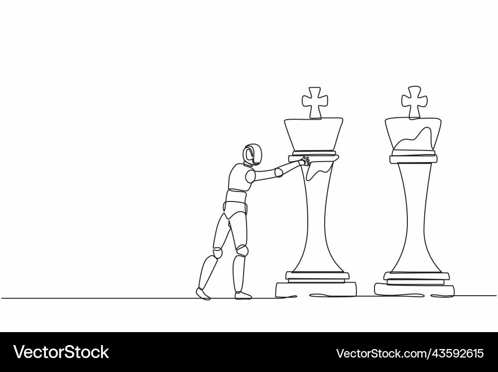 Single one line drawing robot push huge king Single one line drawing robot push huge king vector image