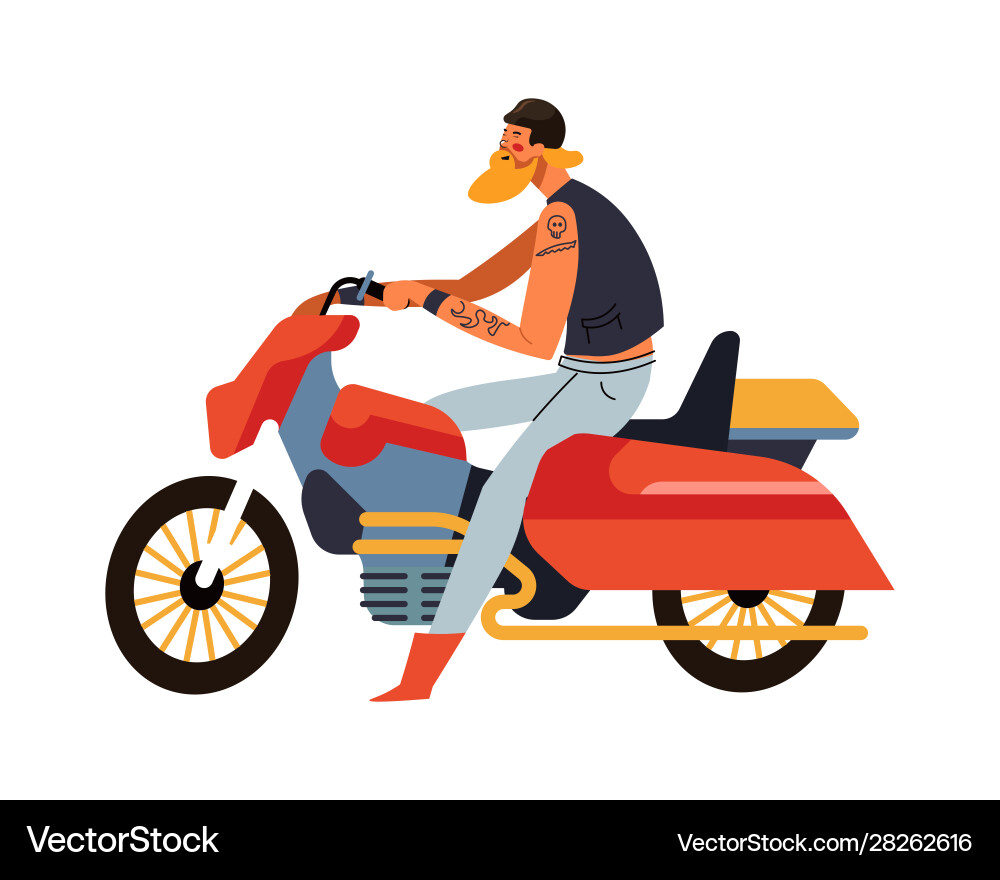 Biker man sitting on red motorcycle side view Biker man sitting on red motorcycle side view vector image