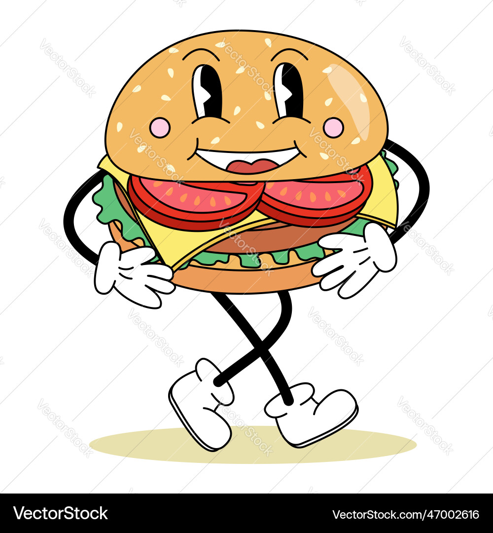 Retro style cute cheeseburger cartoon character Retro style cute cheeseburger cartoon character Vector Image