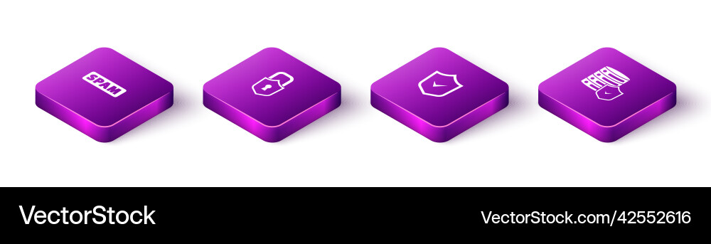 Set isometric spam lock shield with check mark Set isometric spam lock shield with check mark vector image