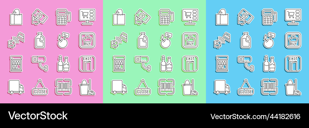 Set line mop and bucket fire exit buy button Vector Image