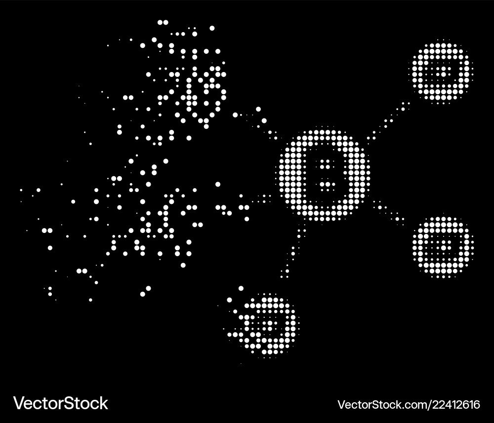 White disintegrating pixel halftone bitcoin dash White disintegrating pixel halftone bitcoin dash vector image
