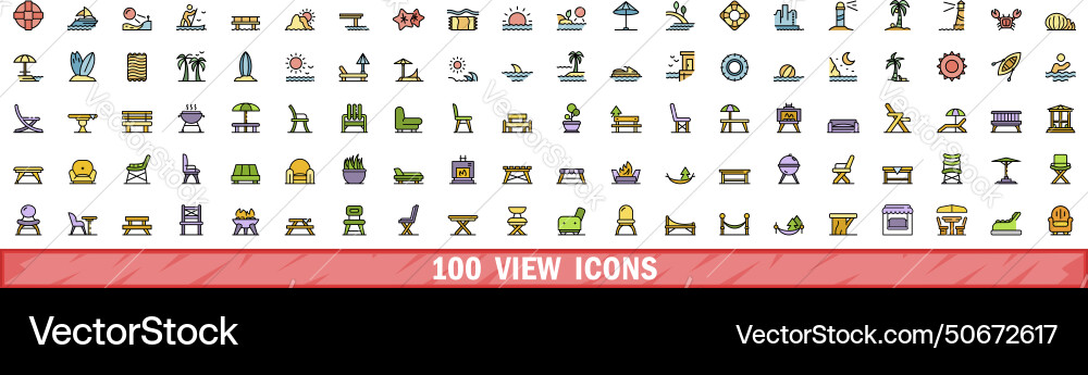 100 view icons set color line style vector image