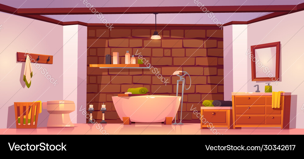 Bathroom in rustic house with bath and brick wall Bathroom in rustic house with bath and brick wall vector image