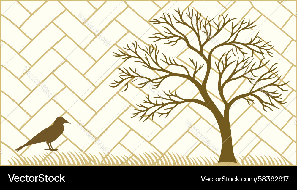 Geometric Tree with Bird - Herringbone Pattern Vector Image
