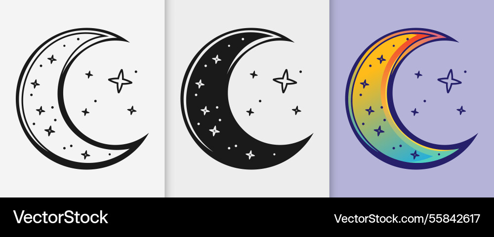 Islamic crescent moon with stars outline Islamic crescent moon with stars outline vector image