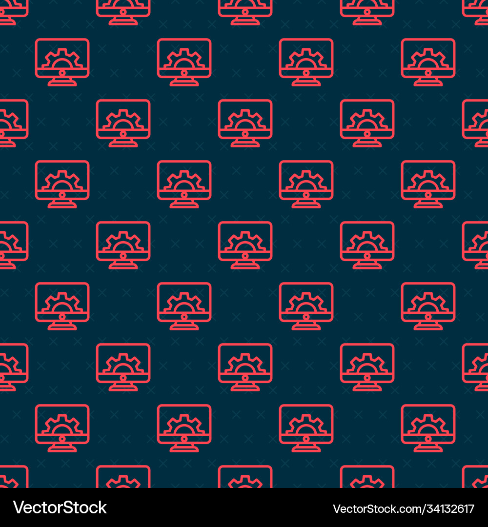Red line computer monitor and gear icon isolated Red line computer monitor and gear icon isolated vector image