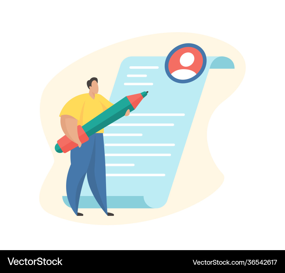 Resume writing cartoon character standing next Resume writing cartoon character standing next vector image