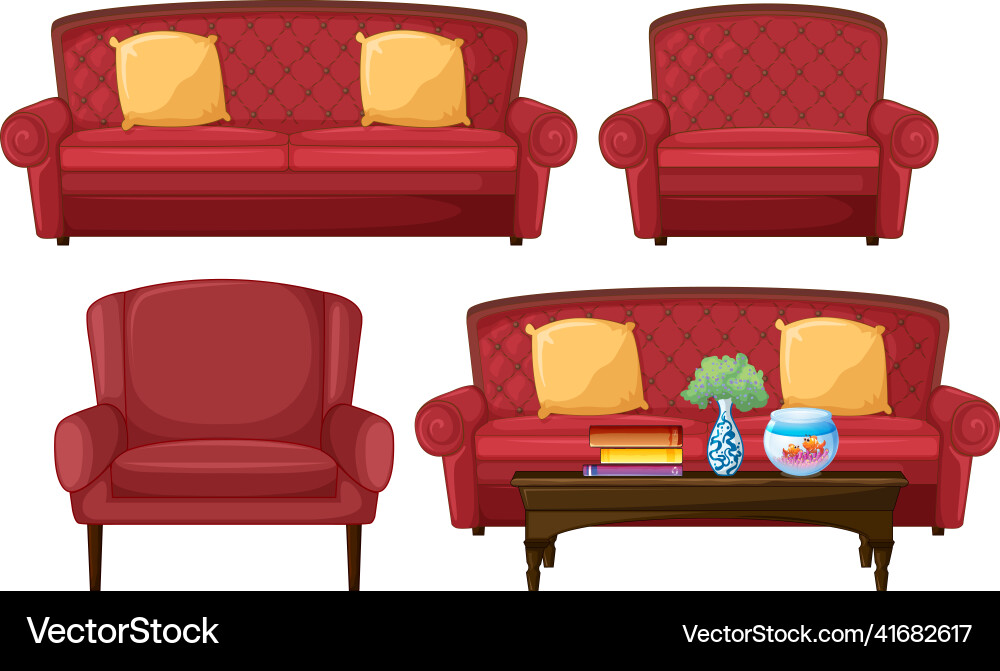 Set of different red sofas in cartoon style Vector Image