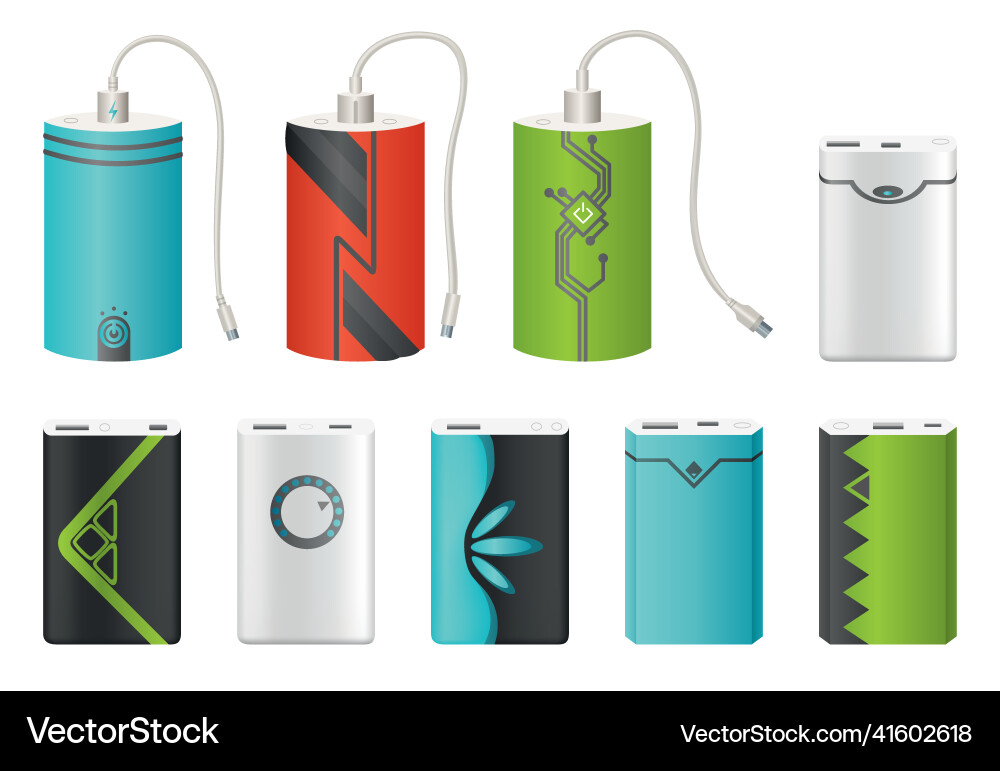 Power bank mockup set with and without usb cable Power bank mockup set with and without usb cable vector image