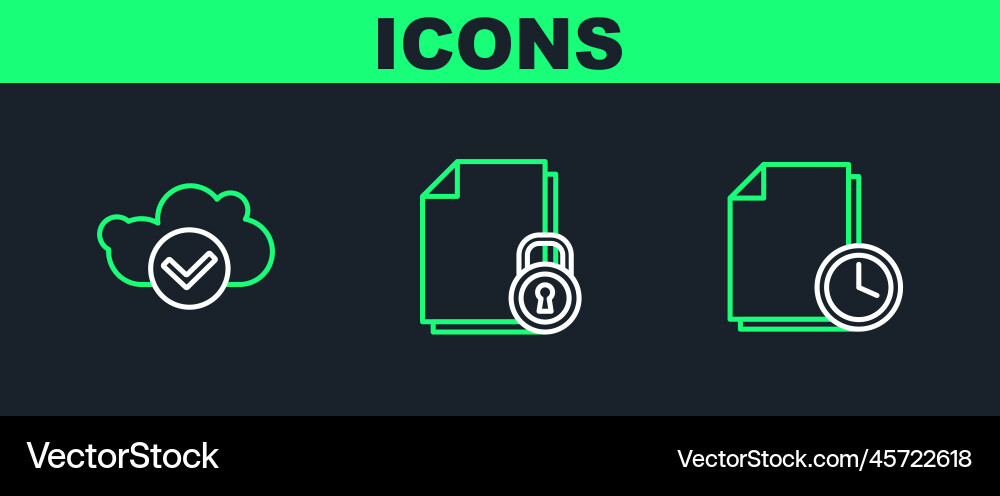 Set line document with clock cloud check mark Set line document with clock cloud check mark Vector Image