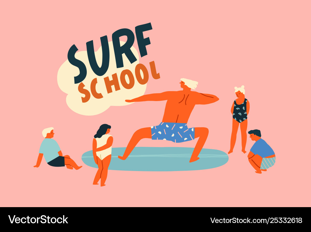 Surf school logo with funny character surfer Surf school logo with funny character surfer vector image
