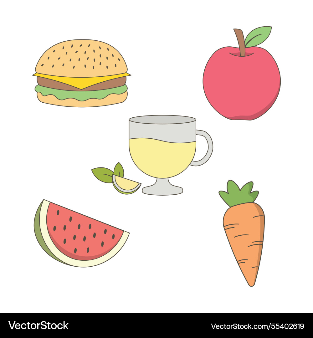 Food and beverage set of burger apple watermelon Food and beverage set of burger apple watermelon Vector Image