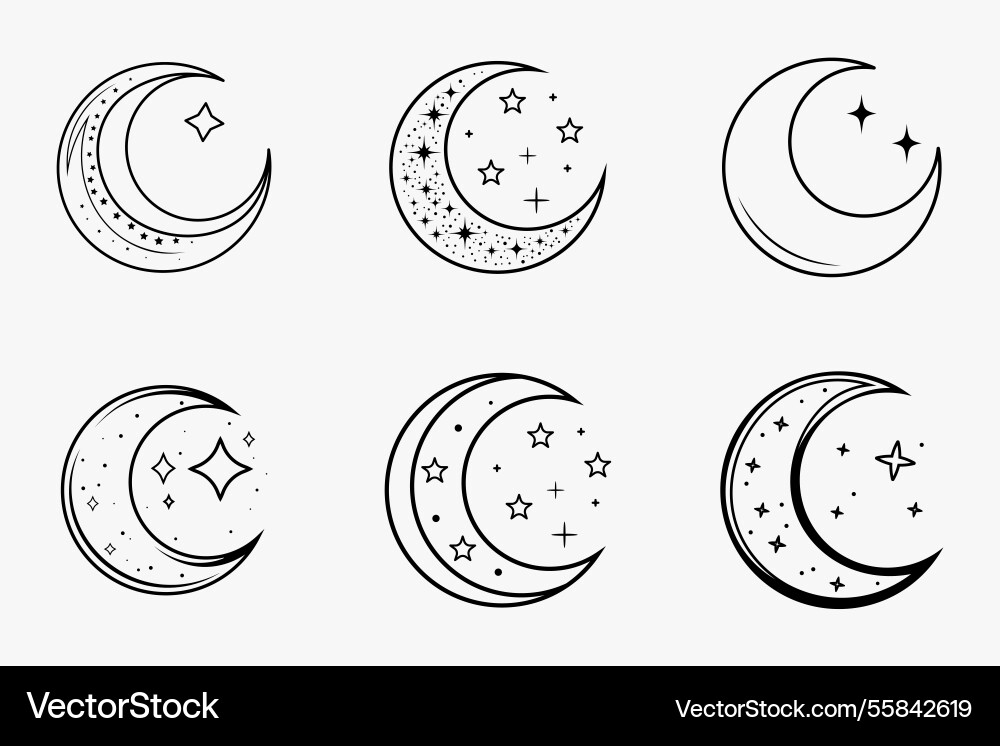 Islamic crescent moon with stars outline Islamic crescent moon with stars outline vector image