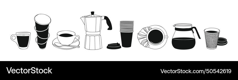 Set von verschiedenen Kaffeeelementen Linie Kunstzeichnung Set von verschiedenen Kaffeeelementen Linie Kunstzeichnung vektorbild
