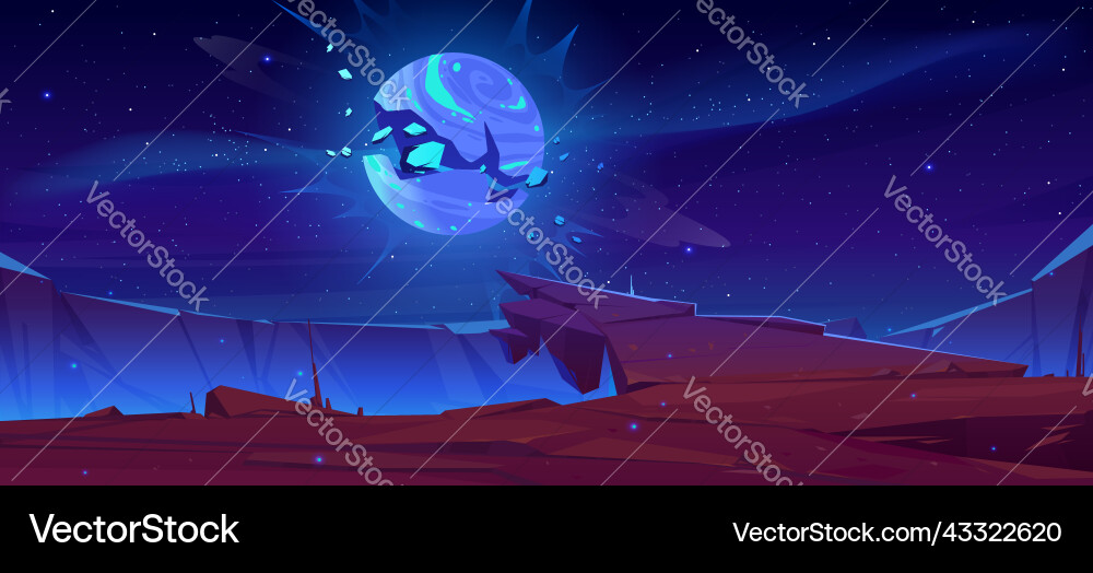 Alien planet landscape with exploding satellite Alien planet landscape with exploding satellite vector image