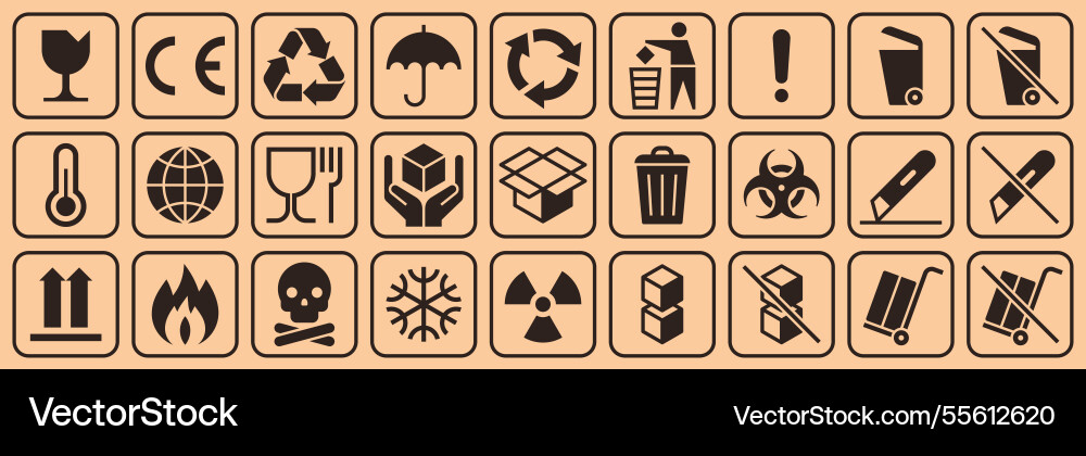 Cardboard packaging icon set package sign labels Vector Image