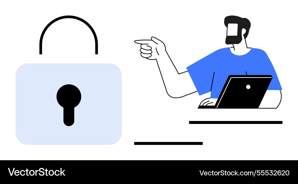 Man with laptop gesturing towards lock Man with laptop gesturing towards lock vector image