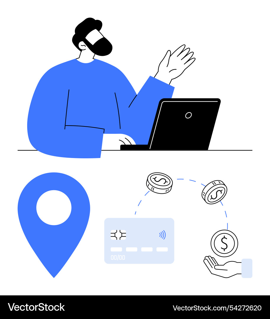 Remote work and digital payment concepts with map Remote work and digital payment concepts with map vector image