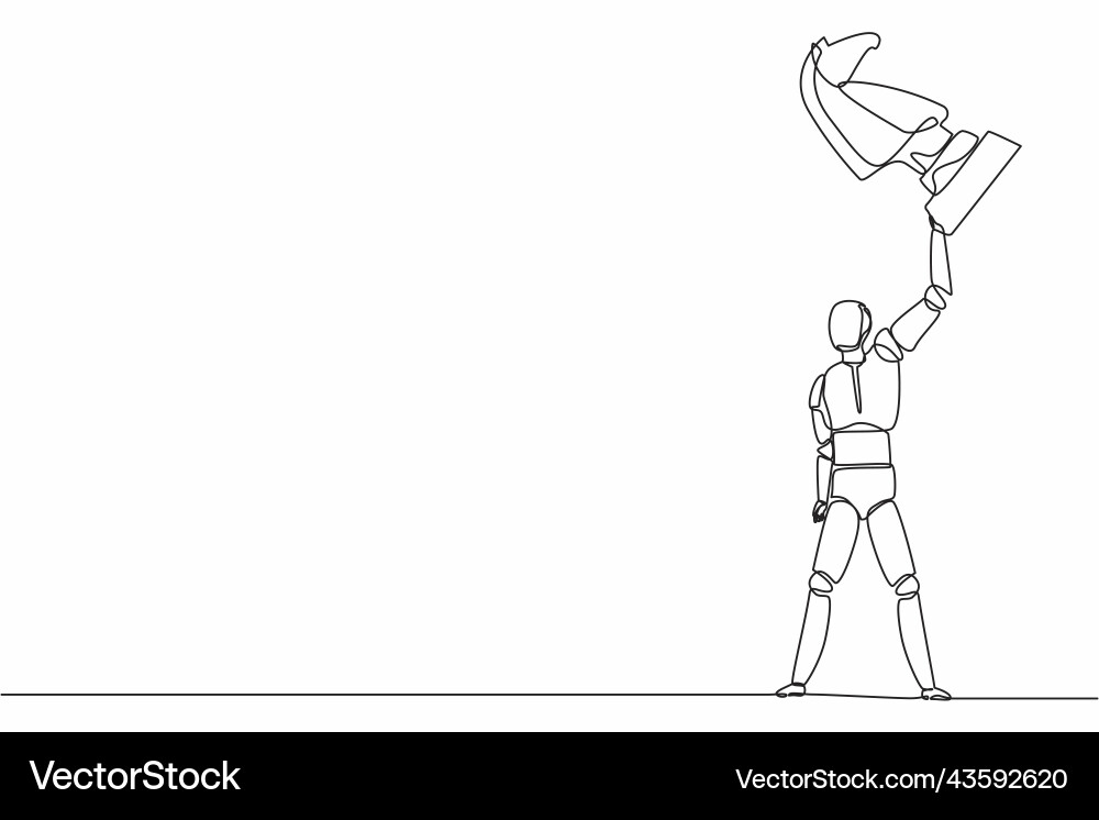 Single continuous line drawing robot lifting up vector image