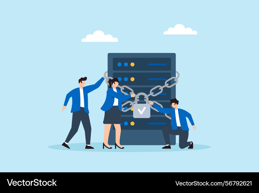 Flat of three people wrapping server with chain vector image