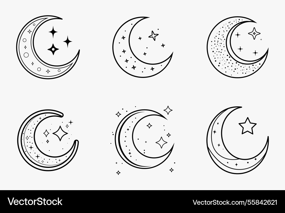 Islamic crescent moon with stars outline Islamic crescent moon with stars outline vector image