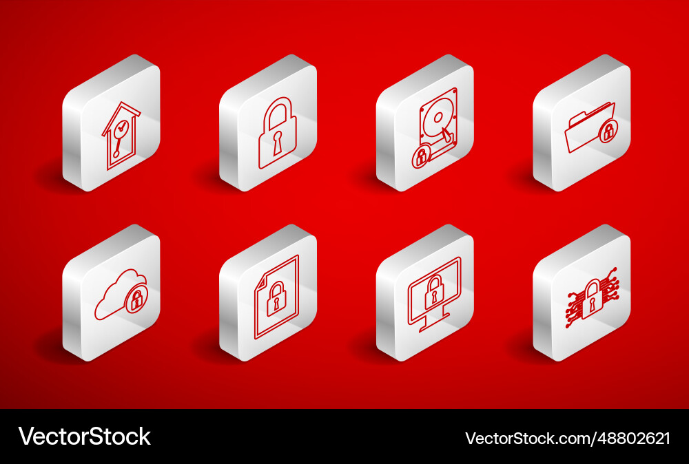 Set line cyber security lock hard disk drive Set line cyber security lock hard disk drive vector image