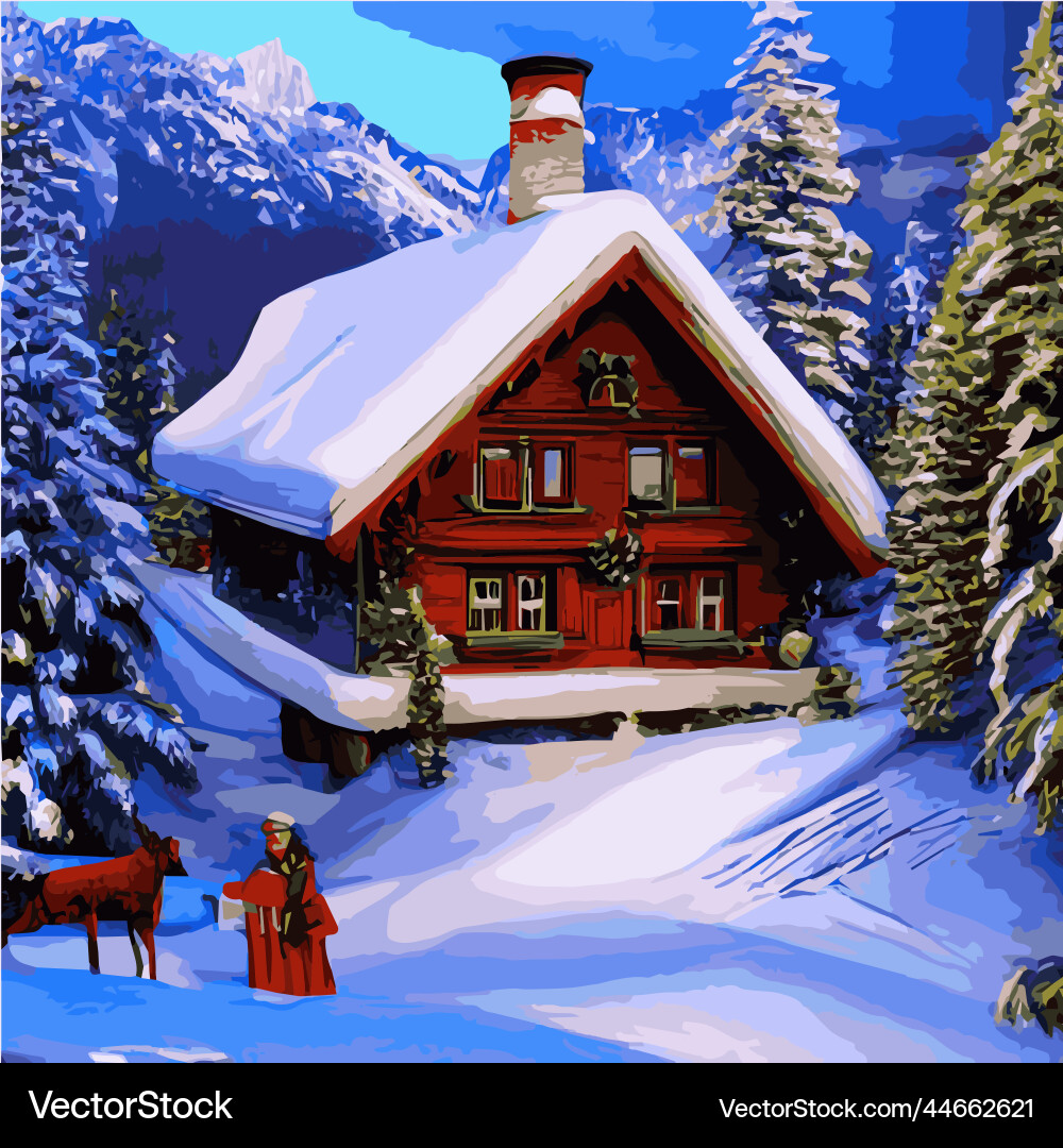 Winter Berglandschaft mit Holzhaus Winter Berglandschaft mit Holzhaus vektorbild