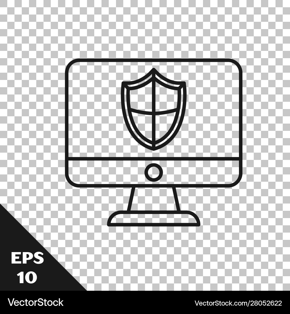 Black line computer monitor and shield icon Black line computer monitor and shield icon vector image