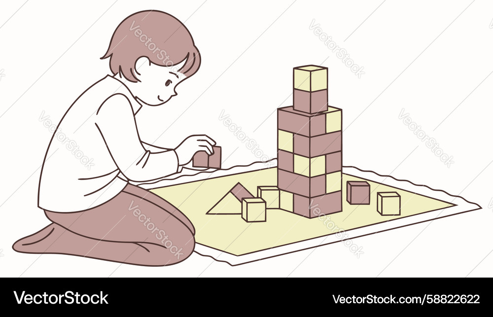 Child focused on building a block tower Vector Image