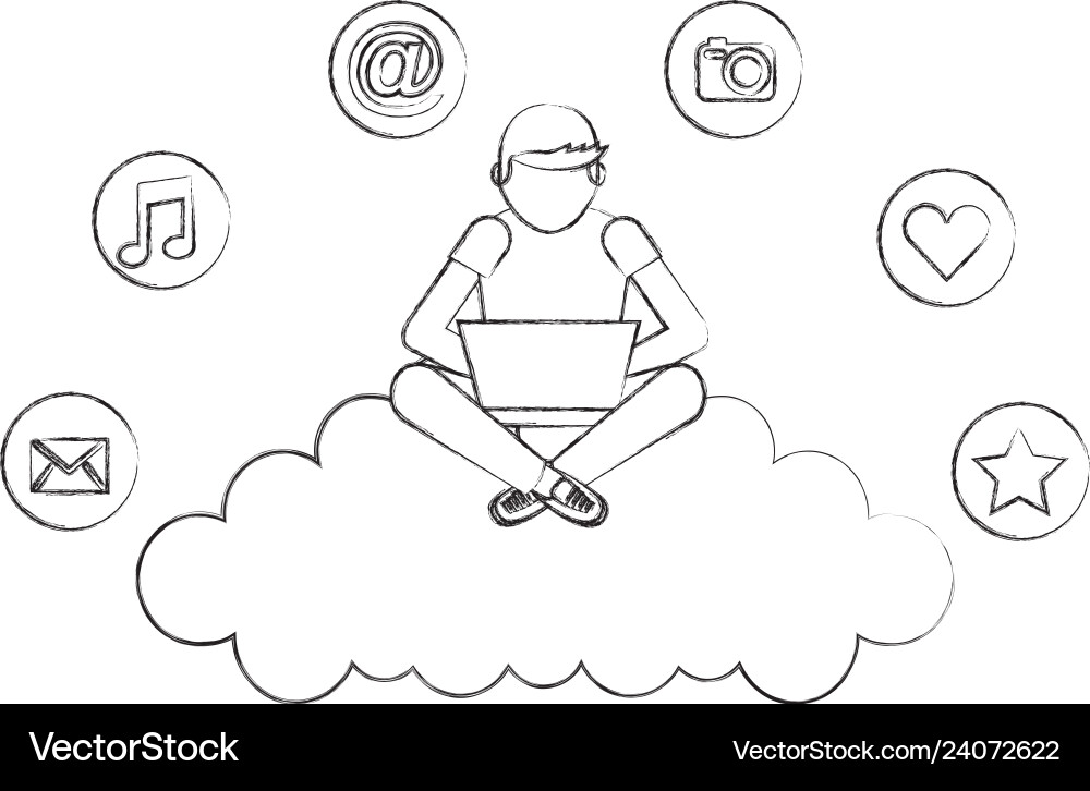 Man using laptop sitting on cloud computing social Man using laptop sitting on cloud computing social vector image