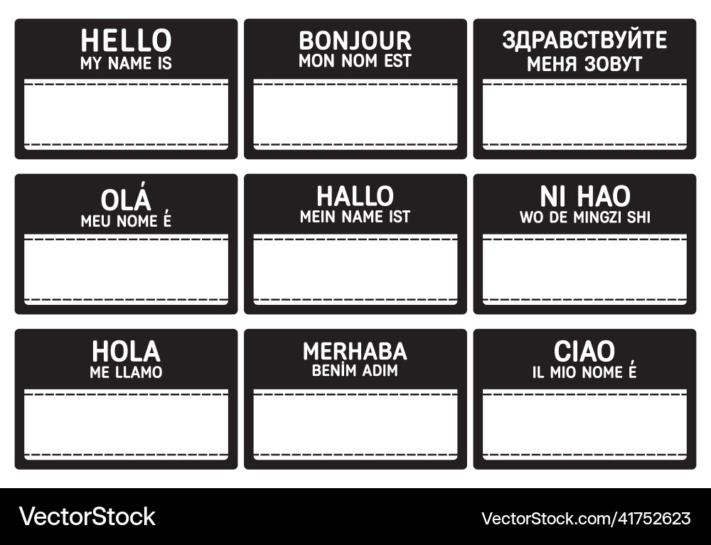 Different languages name tag with copy space vector image