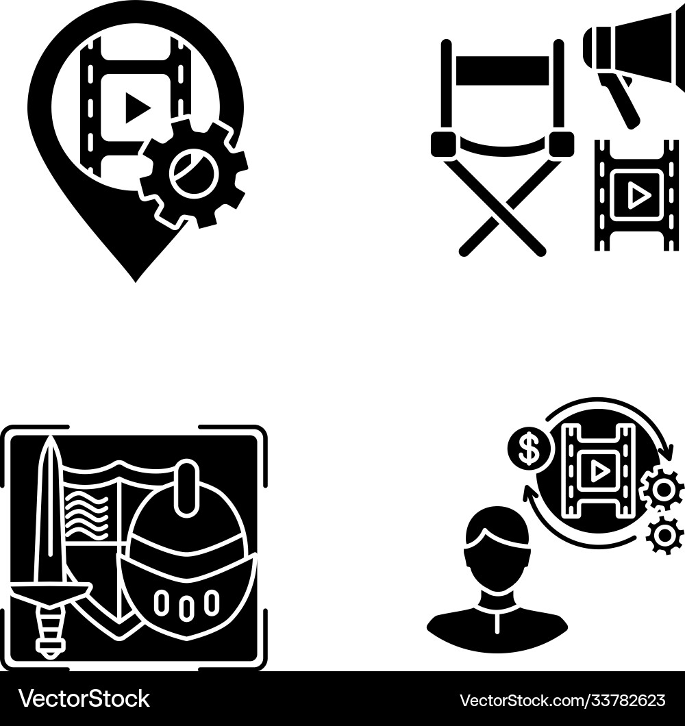 Film production process black glyph icons set Film production process black glyph icons set vector image