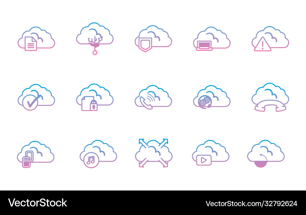Cloud computing gradient style icon set vector image