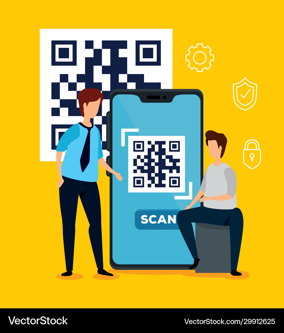Code qr in smartphone with businessmen and icons Code qr in smartphone with businessmen and icons vector image