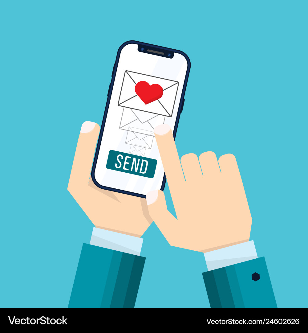 Hand von Geschäftsmann senden oder empfangen Liebe sms Hand von Geschäftsmann senden oder empfangen Liebe sms vektorbild