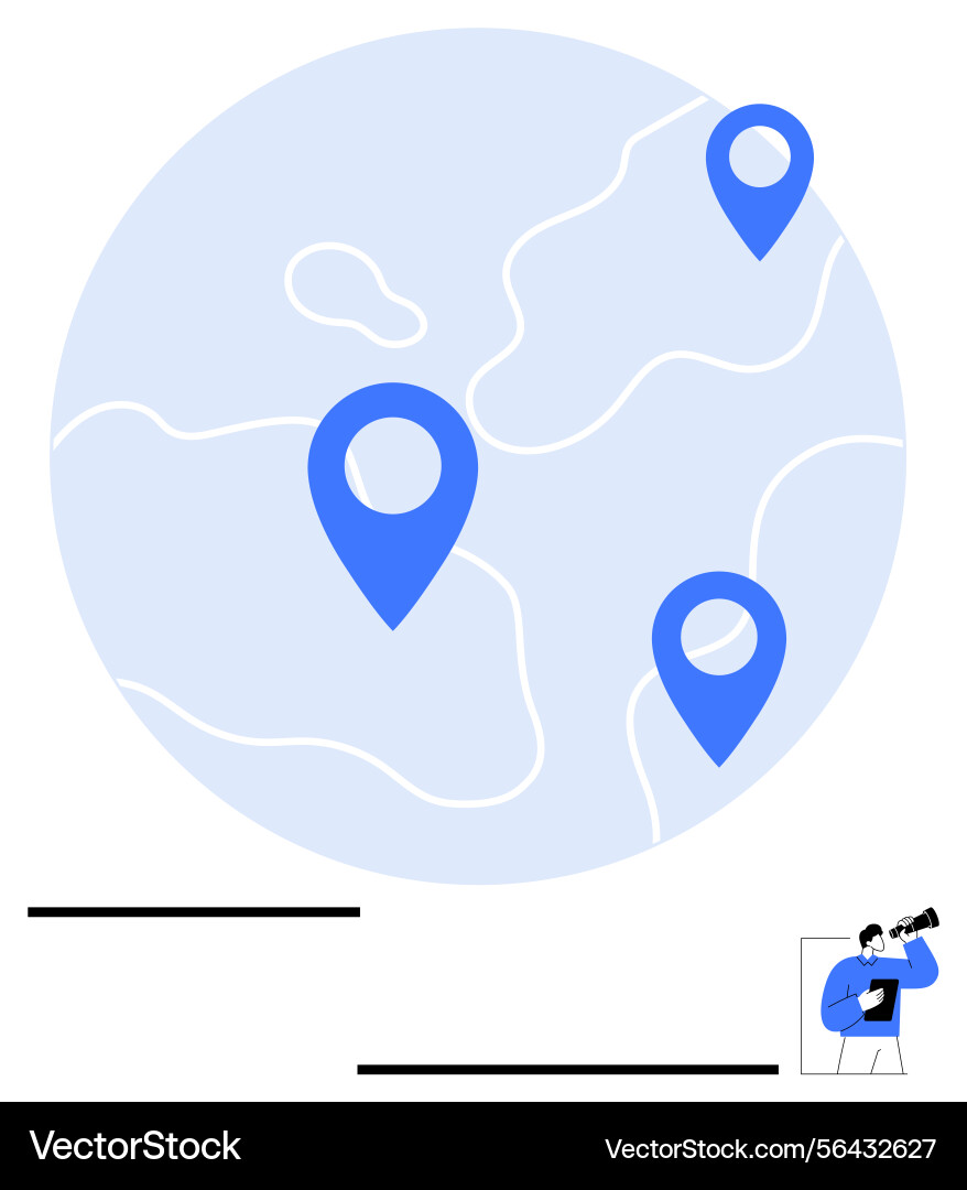 Global map with location pins and person observing vector image