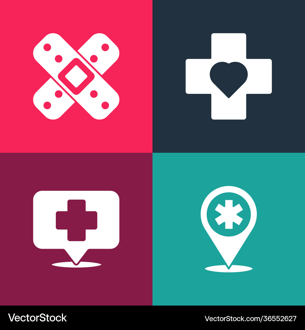 Set pop art map pointer with cross hospital Set pop art map pointer with cross hospital Vector Image