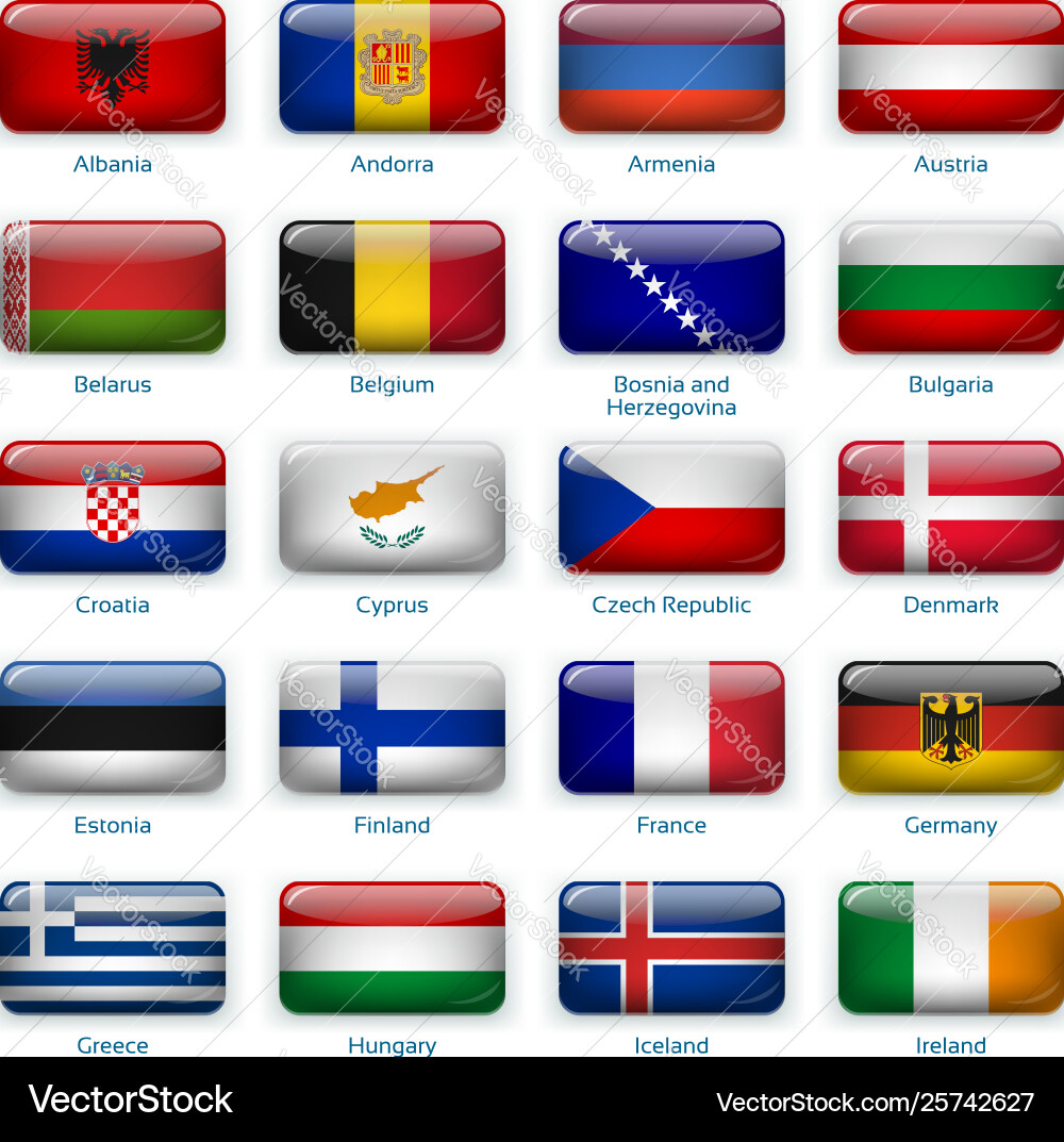 Set twenty flags in button style europe one Vector Image