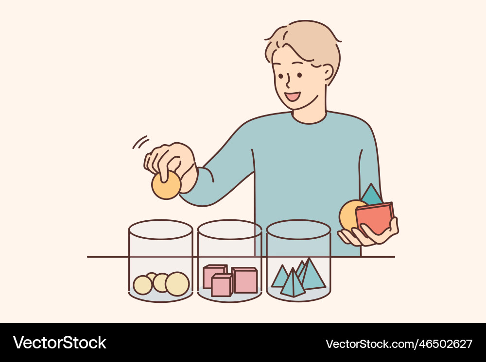 Smiling child sort geometric figures in jars Smiling child sort geometric figures in jars vector image