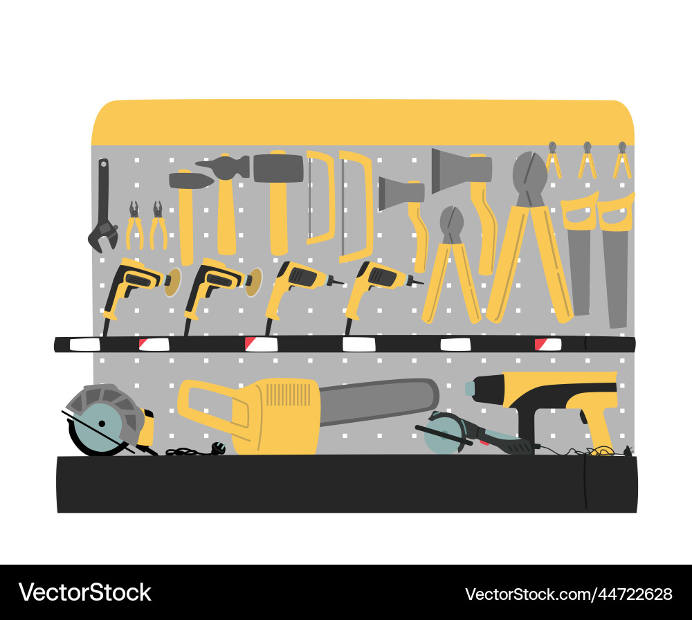 Hardware shop shelf with different tools Hardware shop shelf with different tools Vector Image
