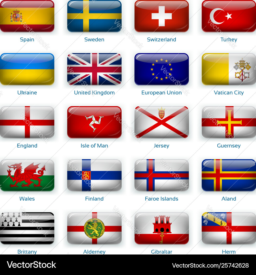 Set twenty flags in button style europe three Set twenty flags in button style europe three vector image